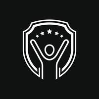 silhouette of a rising person raising hand with a shield and stars in the background logo design. vector illustration