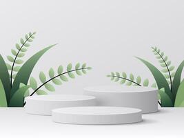 White display podium 3d with foliage background design. Vector illustration