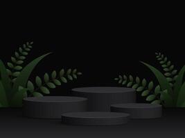 Black display podium 3d with foliage background design. Vector illustration