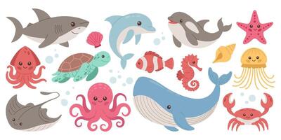 Set with hand drawn elements of sea animals, sea creatures. Vector doodle cartoon set of sea life objects for your design.