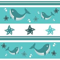 Pattern of whales with starfish and bubbles. Cute decorative design for wallpaper, fabric, textiles and backgrounds. vector