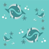 Pattern of whales with starfish and bubbles. Cute decorative design for wallpaper, fabric, textiles and backgrounds. Ocean design for kids bedroom wallpaper and clothes. vector