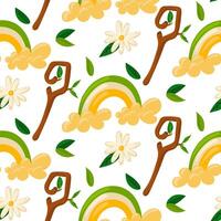 Pattern flowers spring daisies rainbow, stick with leaves. Cute hand-drawn daisy flower, rainbow and leaves on a seamless pattern background. Package. The first day of spring, St. Patrick's Day vector