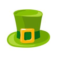 Green leprechaun hat for St. Patrick's Day, highlighted on a white background. Cute illustration in green and yellow tones. Green leprechaun headdress on a white background isolated vector