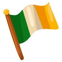 Flag of Ireland. A hand-drawn flag on a flagpole. A developing striped wavy flag in green, white, yellow. Isolated vector image on a white background. For the holidays of Ireland