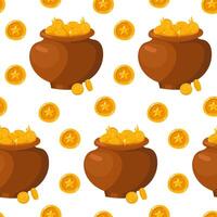 Vat pattern with gold coins. Clay cauldron with richness in repeat background with vector seamless pattern. Gold coins from pirate treasures, the wealth of the leprechaun of wealth in the pattern