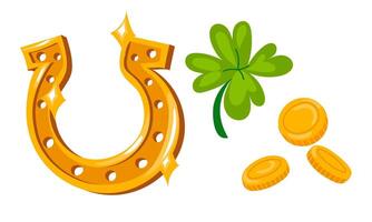 A set of gold coins, clover and a golden horseshoe for St. Patrick's Day. Isolated vector objects for good luck, for wealth for a holiday. Green and gold are the main colors of the Irish holiday