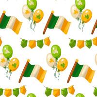 The St. Patrick's Day pattern. Vector seamless background with clover leaves, flags, balloons, flag. Suitable for decorating St. Patrick's Day or spring. For decoration of fabric, wrapping paper