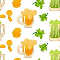 Pattern of yellow and green beer with coins and clover. Vector seamless pattern for St. Patrick's Day. Lots of coins and plants on a white background for good luck. wealth, flower, holiday, packaging