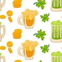 Pattern of yellow and green beer with coins and clover. Vector seamless pattern for St. Patrick's Day. Lots of coins and plants on a white background for good luck. wealth, flower, holiday, packaging