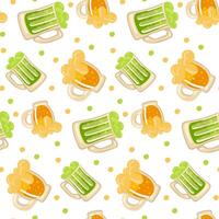 A pattern of yellow and green beer with colored dots. Vector seamless pattern for St. Patrick's Day. A lot of confetti falls on a white background for good luck. wealth, flower, holiday, packaging