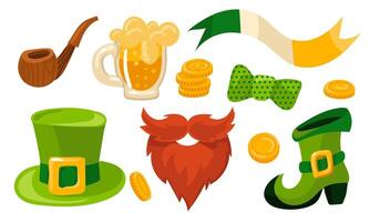 A set of vector design elements for St. Patrick's Day. Leprechaun hat, red beard, wooden pipe, beer mug, Irish flag, green boot, bow, gold coins. Isolated elements for a holiday on a white background