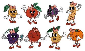 A set of retro groovy fruit characters. Retro fruit girls with emotions, in different poses. A modern illustration with cute comic book characters. Hand-drawn doodles of comic book characters. Colors vector