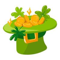 A green hat with coins and a clover inside. A gold coin in a green hat for St. Patrick's Day with a shamrock on a white background. Cute illustration in green and yellow colors vector