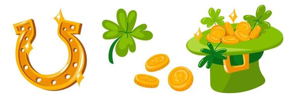 A hat set with coins, clover and a golden horseshoe for St. Patrick's Day. Isolated vector objects for good luck, for wealth for a holiday. Green and gold are the main colors of the Irish holiday