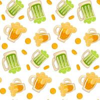 A pattern of yellow and green beer with coins. Vector seamless pattern for St. Patrick's Day. A lot of gold coins are falling on a white background for good luck. wealth, flower, holiday, packaging