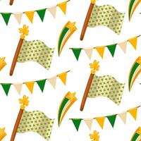 St. Patrick's Day pattern. Vector seamless background with clover leaves, flags, flagpole. Suitable for decorating St. Patrick's Day or spring. For decorating fabric, wrapping paper