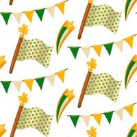 St. Patrick's Day pattern. Vector seamless background with clover leaves, flags, flagpole. Suitable for decorating St. Patrick's Day or spring. For decorating fabric, wrapping paper