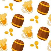 Pattern of yellow foamy beer with coins and a wooden barrel. Vector seamless pattern for St. Patrick's Day. Lots of coins and beer on a white background for good luck. wealth, holiday, packaging