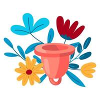 Menstrual cup in flowers. Environmental protection of women in critical days. Vector illustration on a white background. Pink item for women on menstruation days