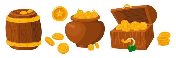 Set of chest, vat, barrel with gold coins. A vector illustration screen for the graphical interface of a computer game and for the St. Patrick's Day holiday in Ireland. Isolated items with bonus coins