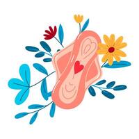 A heart-shaped blood pad. Cartoon vector illustration of a sanitary napkin with a bloodstain in the shape of a heart on a white background in colors