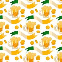 Pattern of yellow foamy beer with coins and a ribbon with the colors of the Irish flag. Vector seamless for St. Patrick's Day. Lots of coins and beer on a white for good luck. celebration, packaging