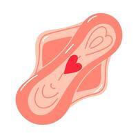 A heart-shaped blood pad. Cartoon vector illustration of a sanitary napkin with a bloodstain in the shape of a heart on a white background. Women's Days