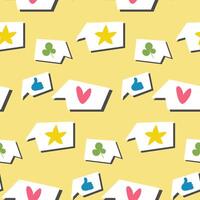 A pattern with speech clouds of compliments. A hand-drawn set of speech bubbles. Vector seamless drawing. Endless abstract background. Heart, star, thumbs up on a yellow background. Collage