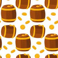 Barrel pattern with gold coins. Wooden closed barrel in repeat background with vector seamless pattern. Gold money, coins from pirate treasures, the wealth of the leprechaun of wealth in the pattern