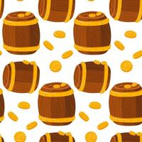 Barrel pattern with gold coins. Wooden closed barrel in repeat background with vector seamless pattern. Gold money, coins from pirate treasures, the wealth of the leprechaun of wealth in the pattern