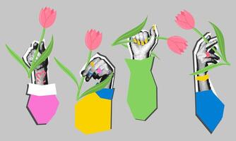 set of women's hands with flowers. Highlighted elegant female hands . Happy International Women's Day. Female power. Feminism. Modern vector illustration in a flat style. Pop art dots collage