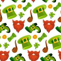 Pattern is a green hat, beard, shoe, pipe, butterfly, clover, coin. Vector seamless pattern for St. Patrick's Day. Attributes of a leprechaun for good luck on a white. Luck, wealth, holiday, packaging