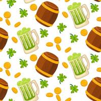 Pattern of green beer with coins, clover and a wooden barrel. Vector seamless pattern for St. Patrick's Day. Lots of coins and plants on a white background for good luck. wealth, holiday, packaging