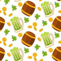 Pattern of green beer with coins, clover and a wooden barrel. Vector seamless pattern for St. Patrick's Day. Lots of coins and plants on a white background for good luck. wealth, holiday, packaging