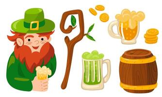 Set of leprechauns with beer in mugs, in a barrel, coins and a spring stick with leaves. Cute vector drawn leprechaun. Happy St. Patrick's Day. Funny character leprechaun, a set of objects. Isolated