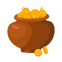 A clay cauldron with gold coins is isolated. A vector image of a container on a white background. Gold coins from pirate treasures, leprechaun wealth from a form of wealth. A large box of coins