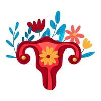 Uterus in a flat style on a background of flowers. Vector illustration of the uterus. The internal organs of a person. Vector illustration. Menstruation is part of the set. Shades of pink. Isolated