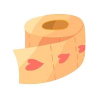 Toilet paper roll with hearts. A napkin roll in a flat style. Vector illustration. An insulated paper object. A yellow paper roll of dry napkins. Twisted dry fabrics with a tear-off line