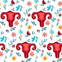 The pattern of the uterus in flowers. The feminist concept of menstruation with a seamless pattern. Uterus, female ovaries. The symbol of the vagina, the female period. Flat vector illustrations