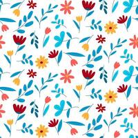 The pattern of flowers and branches. Seamless flat floral pattern on a white background. Bright vector illustration with spring flowers and branches. Cute seamless illustration