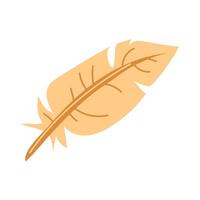 The flat feather is fluffy and isolated on white. Vector illustration of a cartoon yellow feather. The concept of a bird's feather and decor. A light, fluffy object