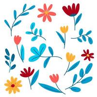 A set of bright spring flowers is flat by hand. Abstract tulip, chamomile, forget-me-nots, sunflower, branches, leaves. A flat vector illustration isolated on a white background. Blue red Yellow