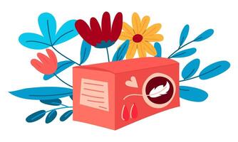 Closed box with tampons in flowers and branches. A cute hand-drawn tampon box is insulated. Vector illustration of a tampon box. The doodle style describes women's intimate hygiene, menstrual hygiene