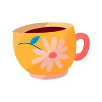 un taza de té con manzanilla. un amarillo taza de té con un margarita modelo. relajante líquido, tranquilidad, comodidad. un aislado objeto en un blanco antecedentes vector