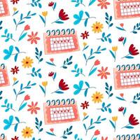 Calendar pattern in colors showing monthly periods. Five days of hearts. Pink calendar with notes. A paper notebook on hinges with notes of women's days. Vector seamless illustration on a white
