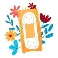 The open sanitary pad is yellow in color. A gasket for a woman's menstruation in a closed container is an element of a vector illustration of a package icon in a flat style and in flowers and branches