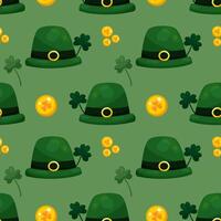 Seamless pattern for St. Patrick's Day with green hats, gold coins and clover twigs on green background. Festive pattern for packaging design, background and decor vector