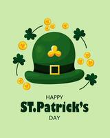 St. Patrick's Day greeting card on March 17th with coins, shamrocks and green Irish elf cap on green background. Happy St. Patrick's Day. vector