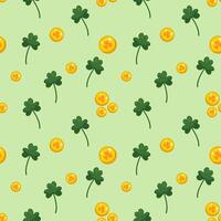 Seamless pattern for St. Patrick's Day with green clover twigs and gold coins on green background. Festive pattern for packaging design, background and decor vector